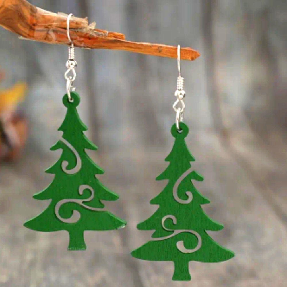 Boho WOOD Cut out Christmas Tree Earrings super Lightweight